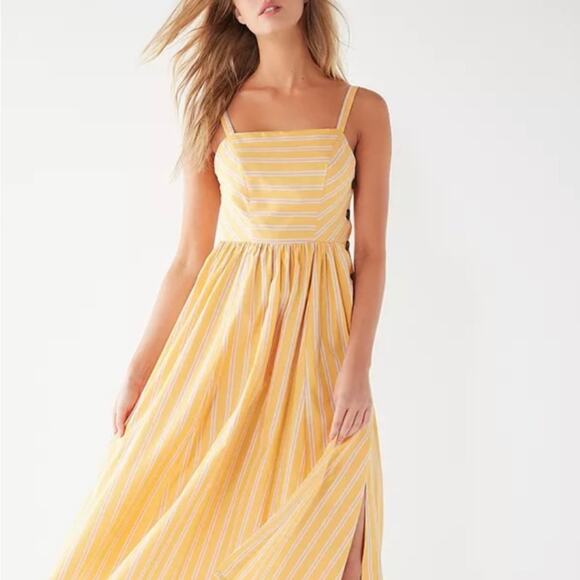 Urban outfitters Kaye Yellow Stripe Square-Neck Button-Side Midi Dress - Picture 1 of 6